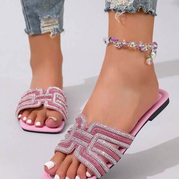 Pink Glamorous Women's Crystal Embellished Luxury Flat Slide Sandals - Picture 3 of 5